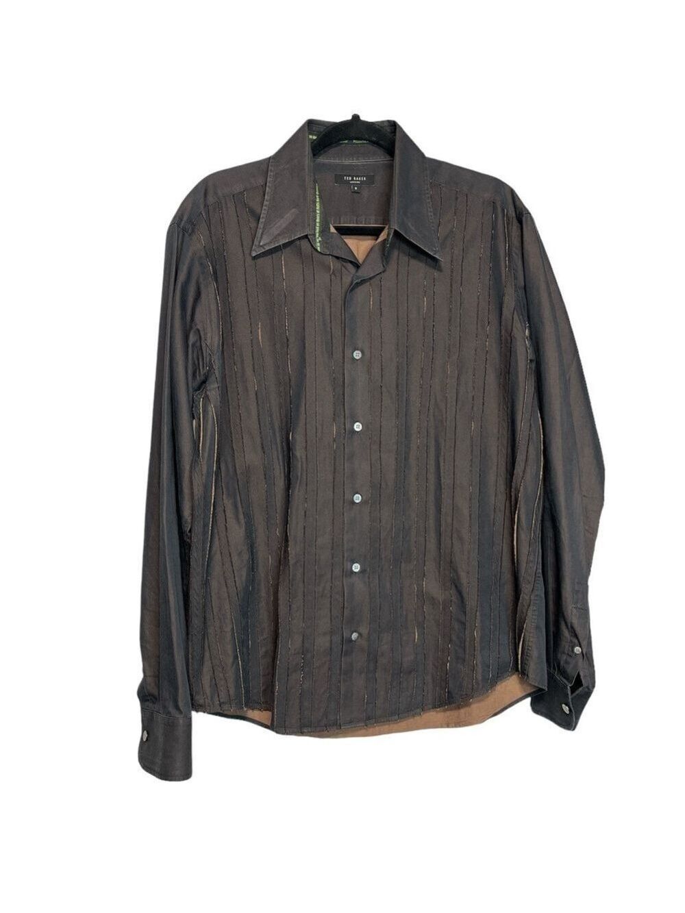 Ted Baker Brown Textured Stripe Long Sleeve Button Up Dress Shirt, Size L